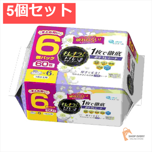 キレキラ！トイレクリーナー 1枚で徹底おそうじシート クリーンフローラル詰替用60枚（10枚×6P） 5個セット まとめ売り