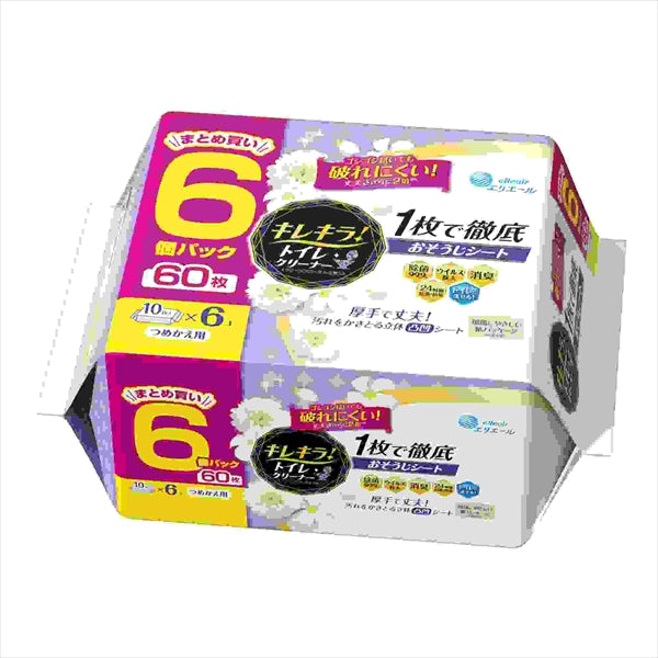 キレキラ！トイレクリーナー 1枚で徹底おそうじシート クリーンフローラル詰替用60枚（10枚×6P）