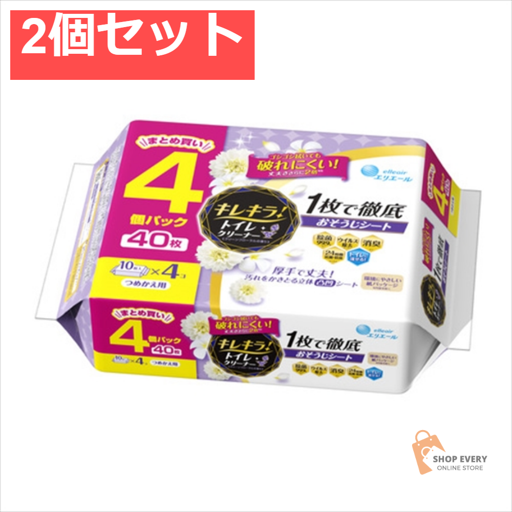 キレキラ！トイレクリーナー 1枚で徹底おそうじシート クリーンフローラル つめかえ用 40枚 2個セット まとめ売り