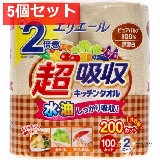 エリエール 超吸収キッチンタオル 無漂白2R（100カット） 5個セット まとめ売り