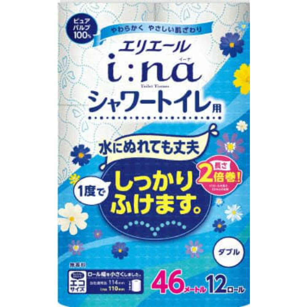 エリエール i:na（イーナ） トイレットティシュー シャワー用 2倍巻 12R ダブル 3個セット まとめ売り